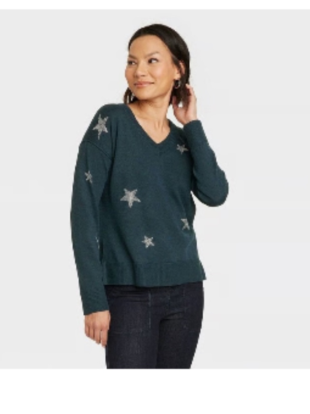 Knox Rose Dark Teal V-Neck Sweater with Star Accents